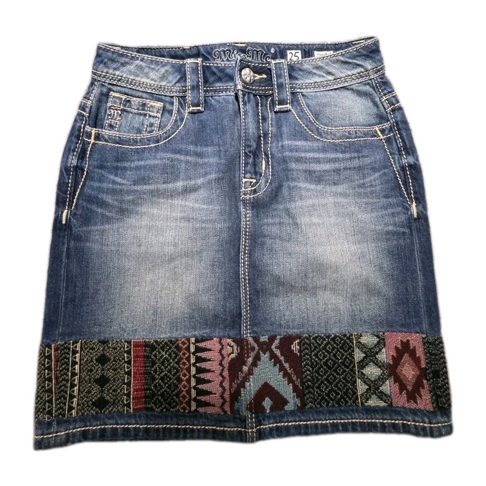 Vintage Miss Me Blue Jean Denim Skirt Womens 25x17 High Rise Cowgirl Western